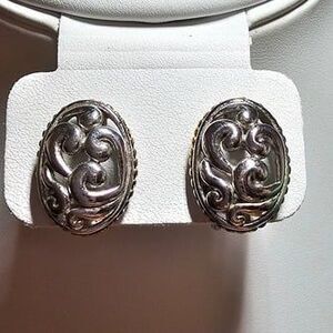 925 Filigree Silver Oval and Gold Tone Clip-On Earrings 3/4"Long